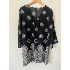a.n.a A New Approach Black White Medallion Lace Up Chiffon Tunic women L boho